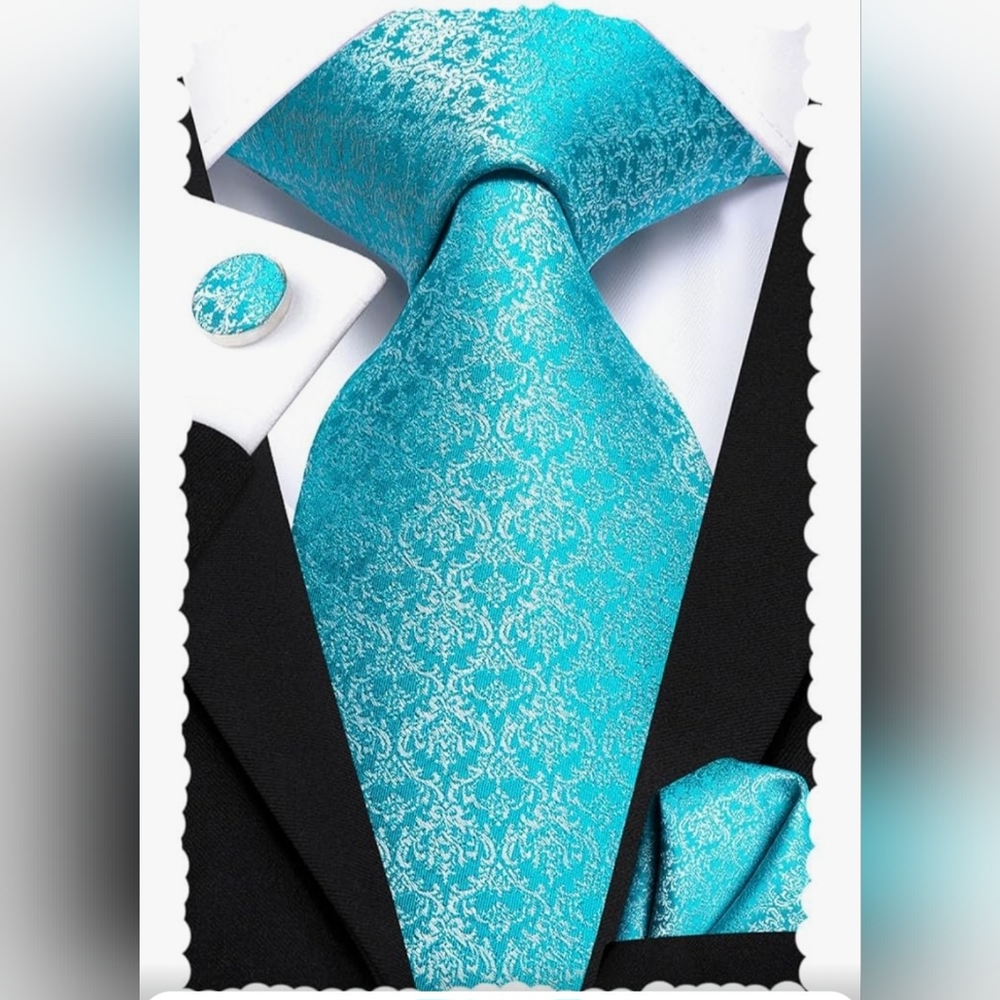 Hi-Tie Blue Silk Necktie Baby Blue Floral Tie Pocket Square Cufflinks Set‎